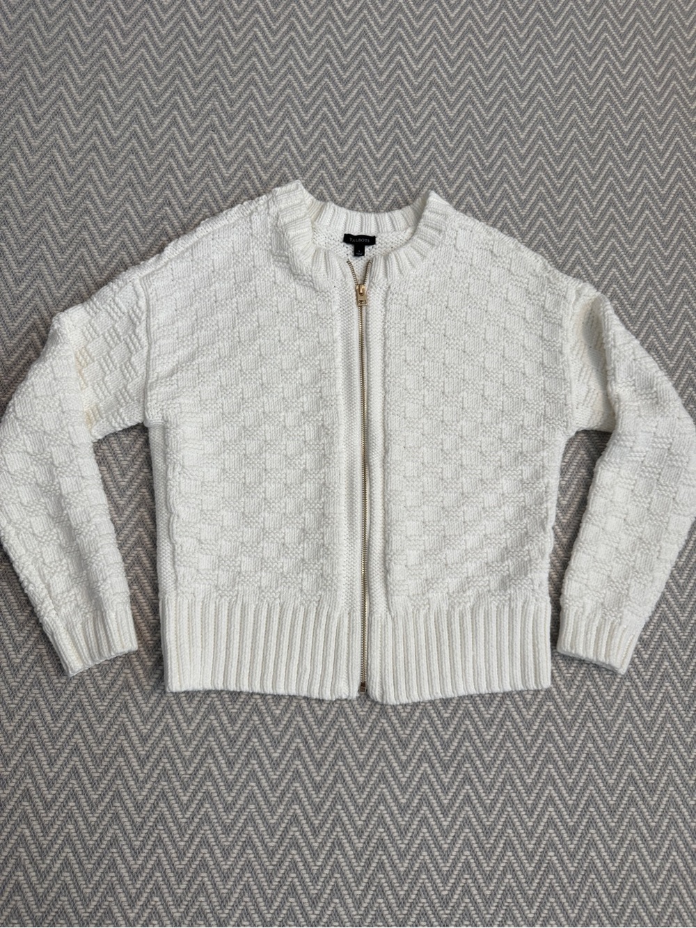 Talbots NWOT Women's Cream Zip-Front Textured Knit Bomber Sweater jacket Small
